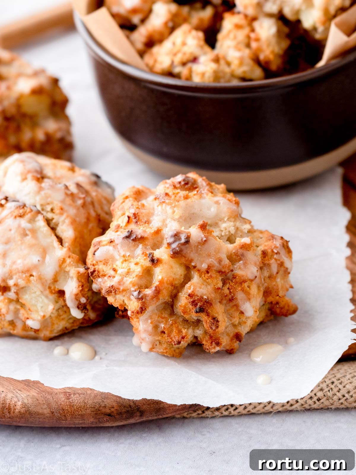 Close-up of glazed air fryer apple fritters.