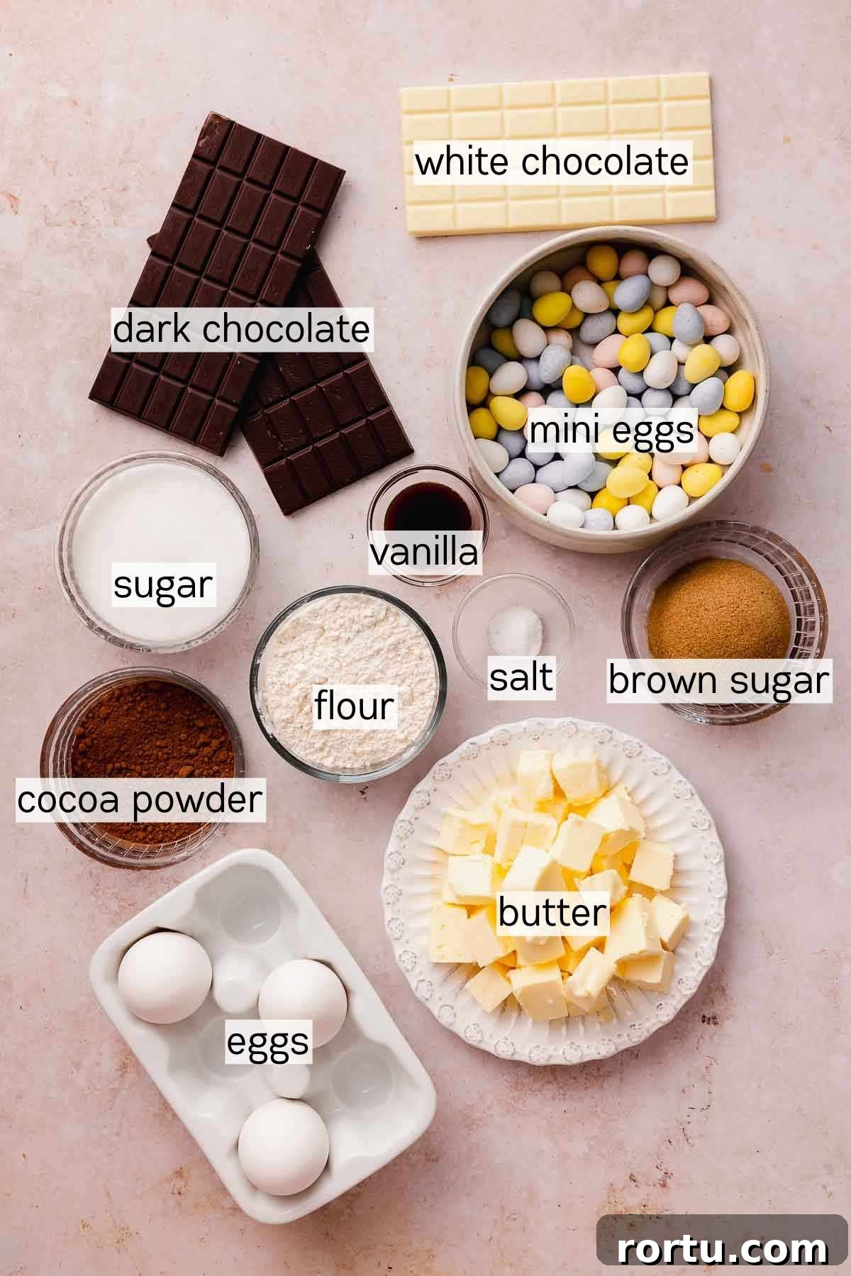 Mini Egg Chocolate Brownies with Melted Candy Centers 3 ingredients for mini egg brownies in bowls