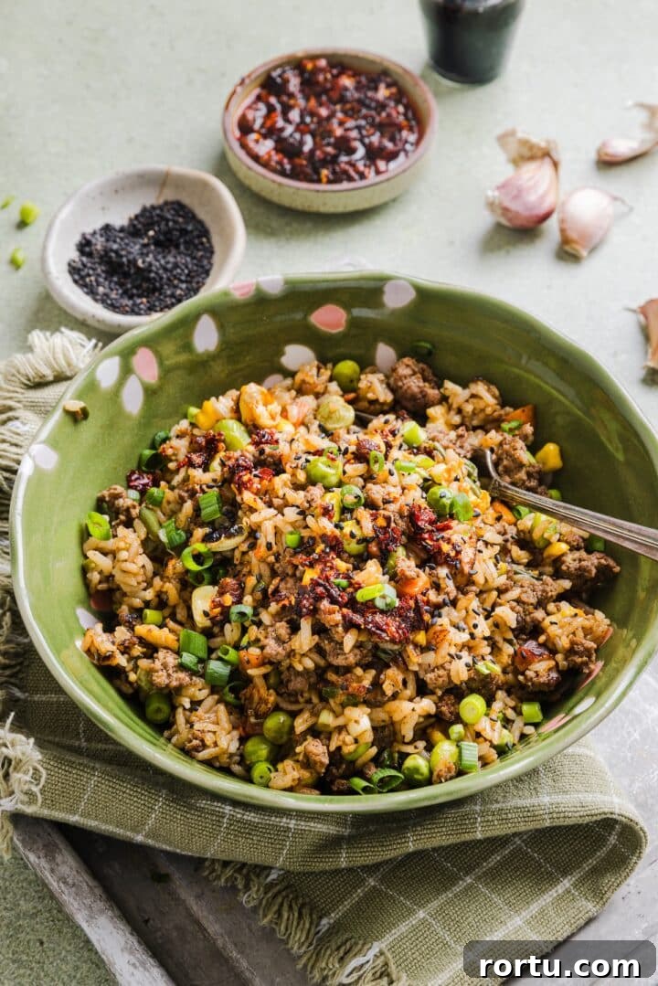 Savory Ground Beef Fried Rice Recipe for Weeknight Dinners 8 Bowl of fried rice topped with chili crisp, black sesame seeds, and green onions.