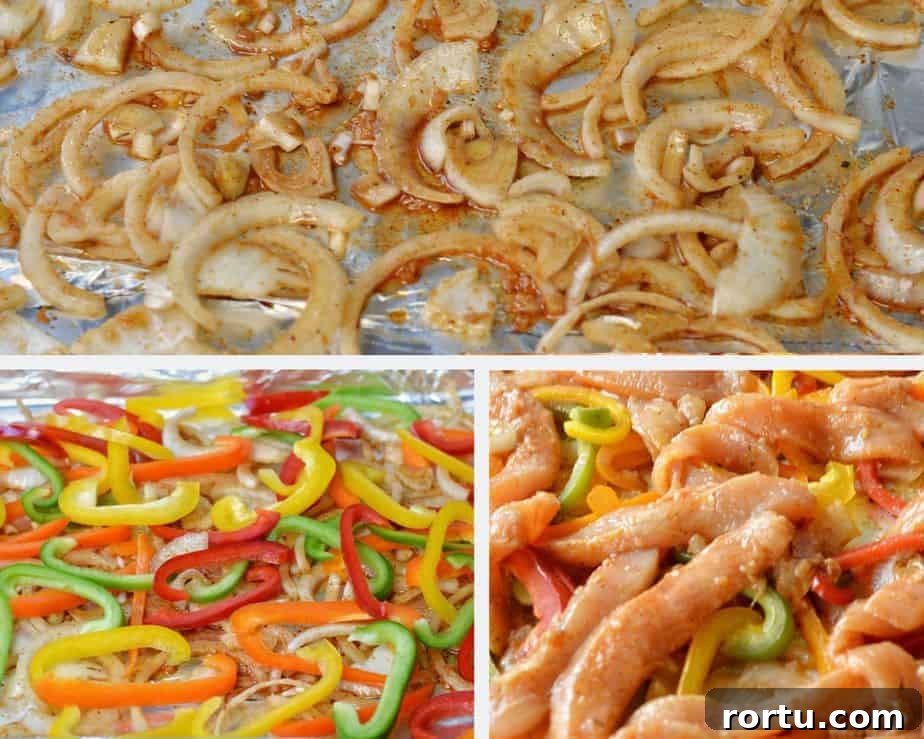 Sheet Pan Chicken Fajitas Recipe — Quick One-Pan Meal 6 cut onions and peppers for sheet pan fajitas