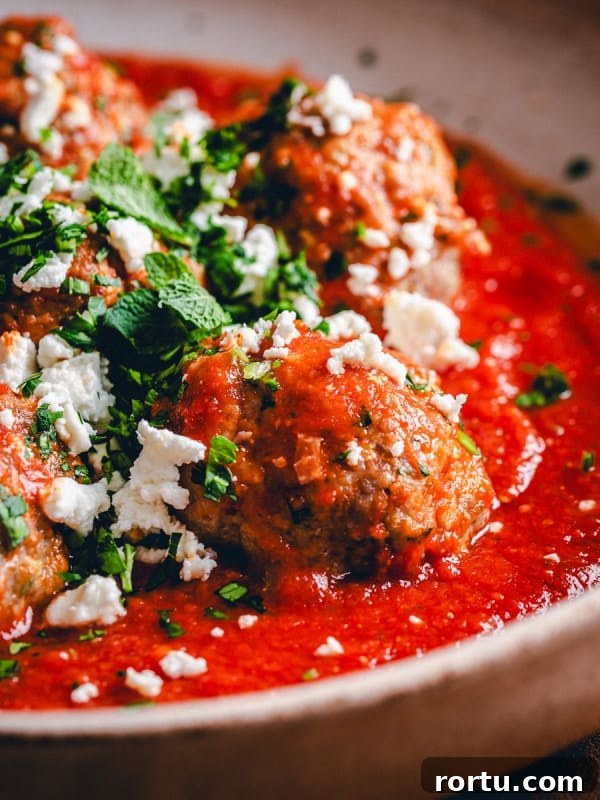 Lamb Ragu Recipe: Slow-Simmered Sauce with Parmesan 13 Five Lamb Meatballs served in red sauce and photographed at an angle.