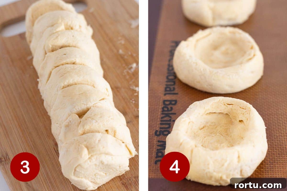 Cream Cheese Danish Made with Crescent Rolls: Quick Recipe 5 Steps 3 and 4 of making crescent roll danishes. 3, cut into 8 rounds. 4, place rounds on baking sheet and form.