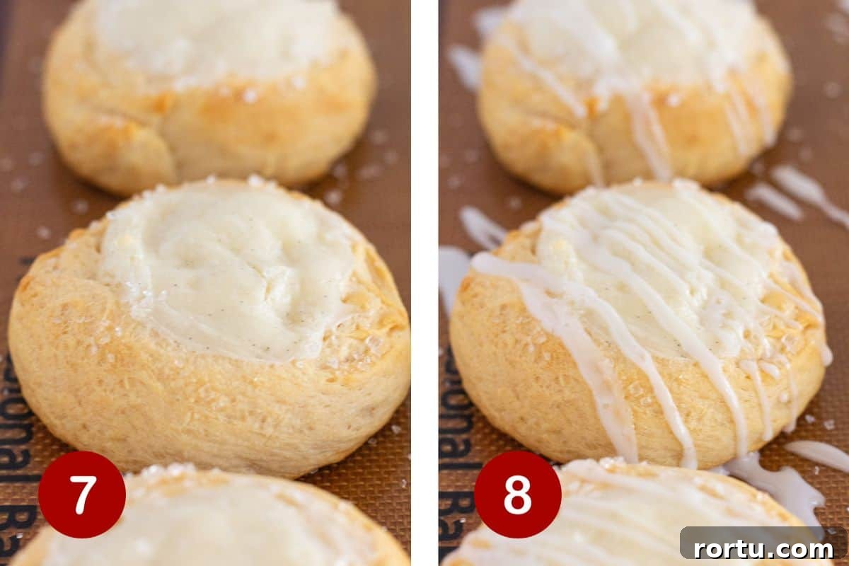Cream Cheese Danish Made with Crescent Rolls: Quick Recipe 7 Steps 7 and 8 of making danishes with crescent rolls. 7, bake rolls. 8, make glaze and drizzle over top.