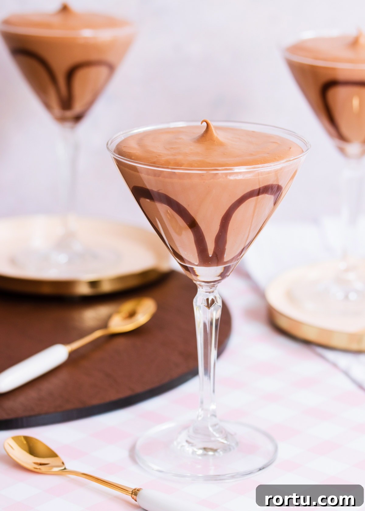 Creamy Baileys Chocolate Mousse Recipe 11 Close up of a glass of mousse showing the ganache decoration.
