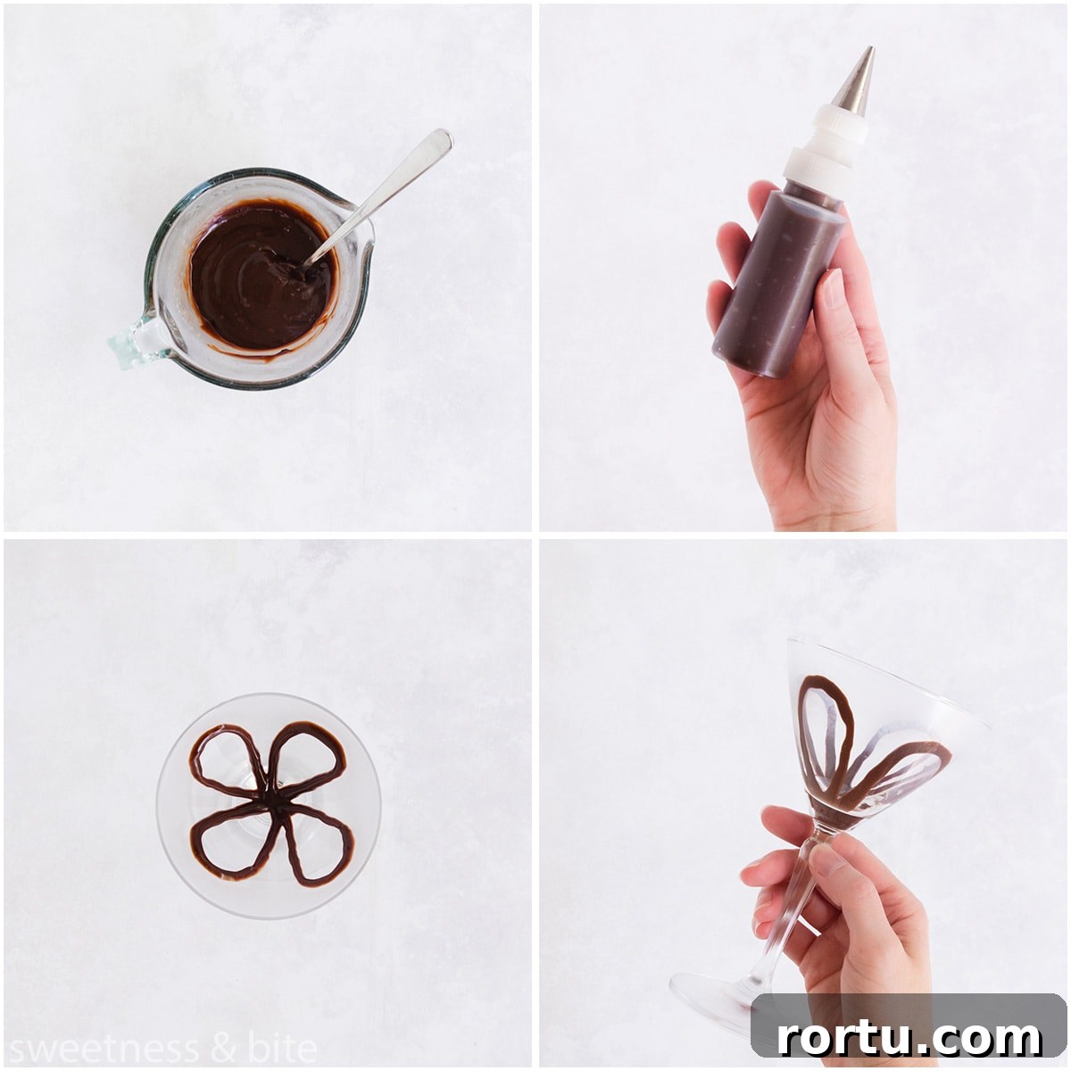 Creamy Baileys Chocolate Mousse Recipe 8 Collage of 4 images showing the ganache being piped into martini glasses with a squeeze bottle.