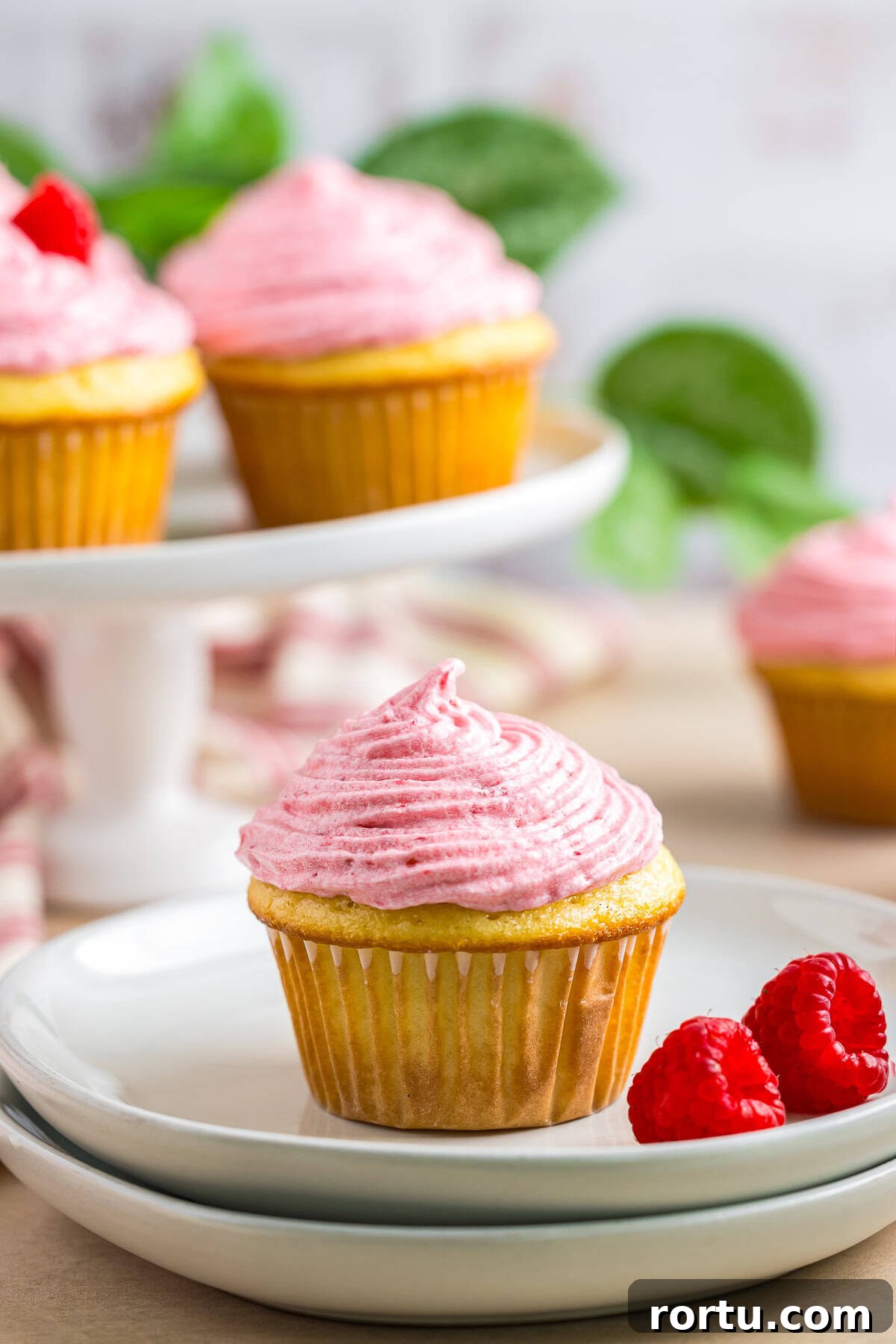 Almond Cupcakes with Fresh Raspberry Buttercream Frosting, a simple, beautiful yummy dessert! Raspberry Cupcakes on a white plate