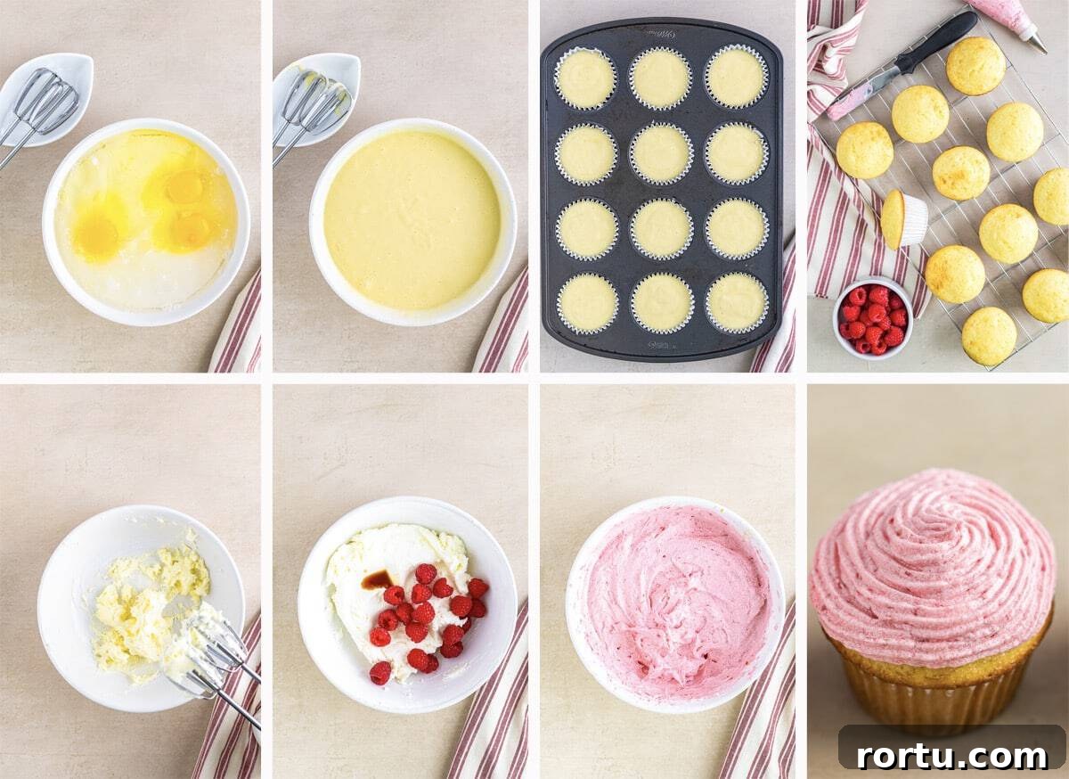 Almond Cupcakes with Fresh Raspberry Buttercream Frosting, a simple, beautiful yummy dessert! collage of images showing how to make Raspberry Cupcakes
