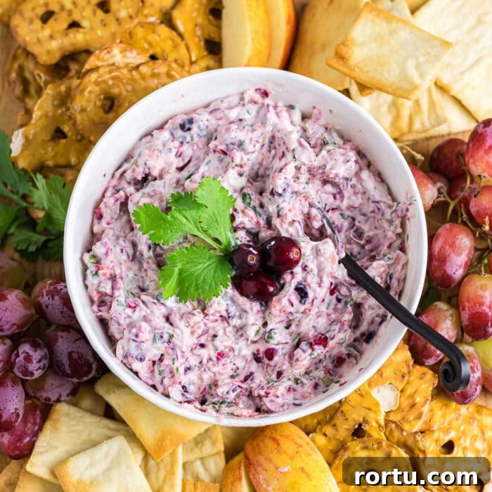 The Royal Coach Bread Bowl for Dip -> Royal Coach Bread Bowl Recipe for Party Dips 13 Overhead view of creamy cranberry jalapeno dip on a snack board.