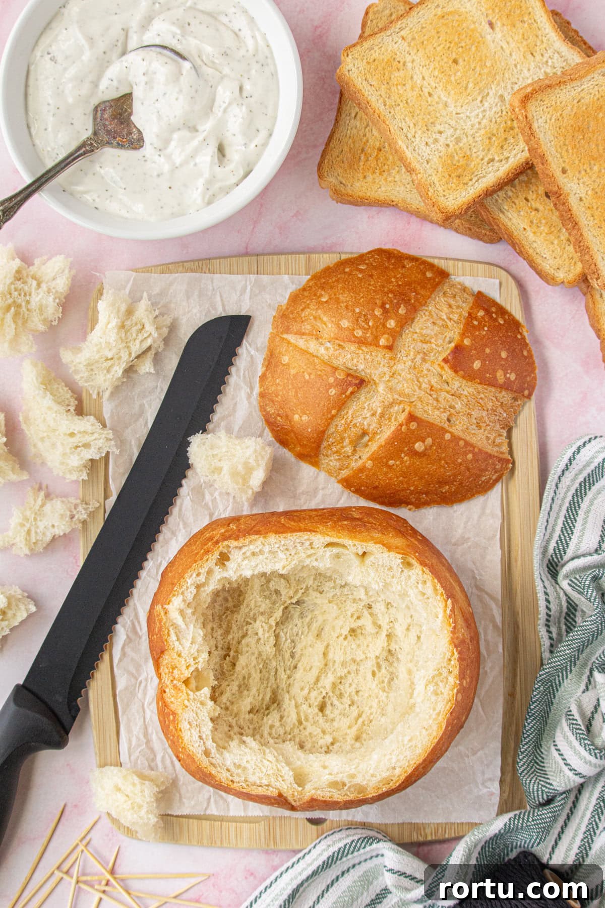 The Royal Coach Bread Bowl for Dip -> Royal Coach Bread Bowl Recipe for Party Dips 4 Overhead view of the bread bowl after it's hollowed out.