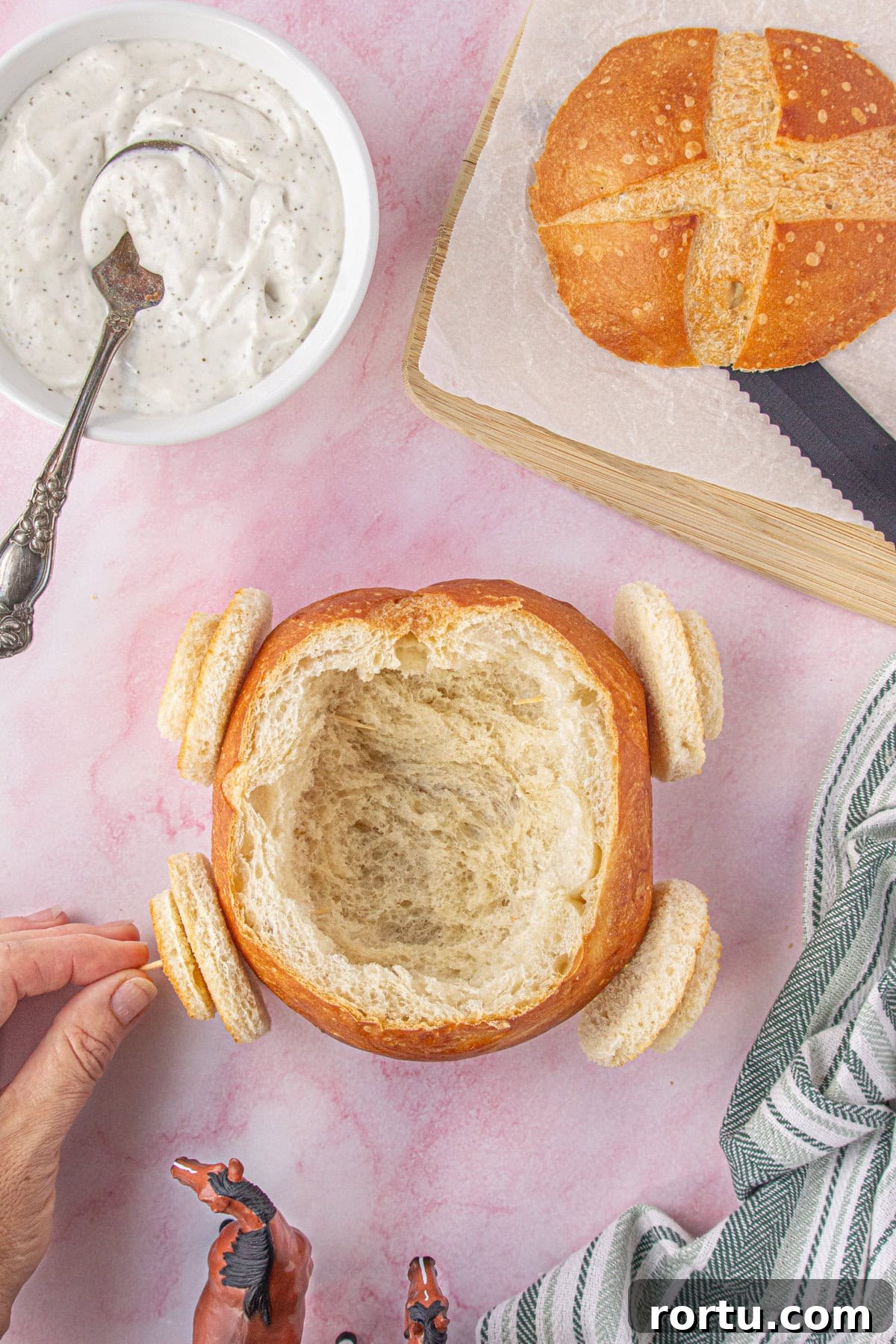 The Royal Coach Bread Bowl for Dip -> Royal Coach Bread Bowl Recipe for Party Dips 8 Overhead view of the wheels attached to the bread bowl.