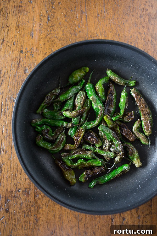 Blistered shishito peppers in a skillet. 