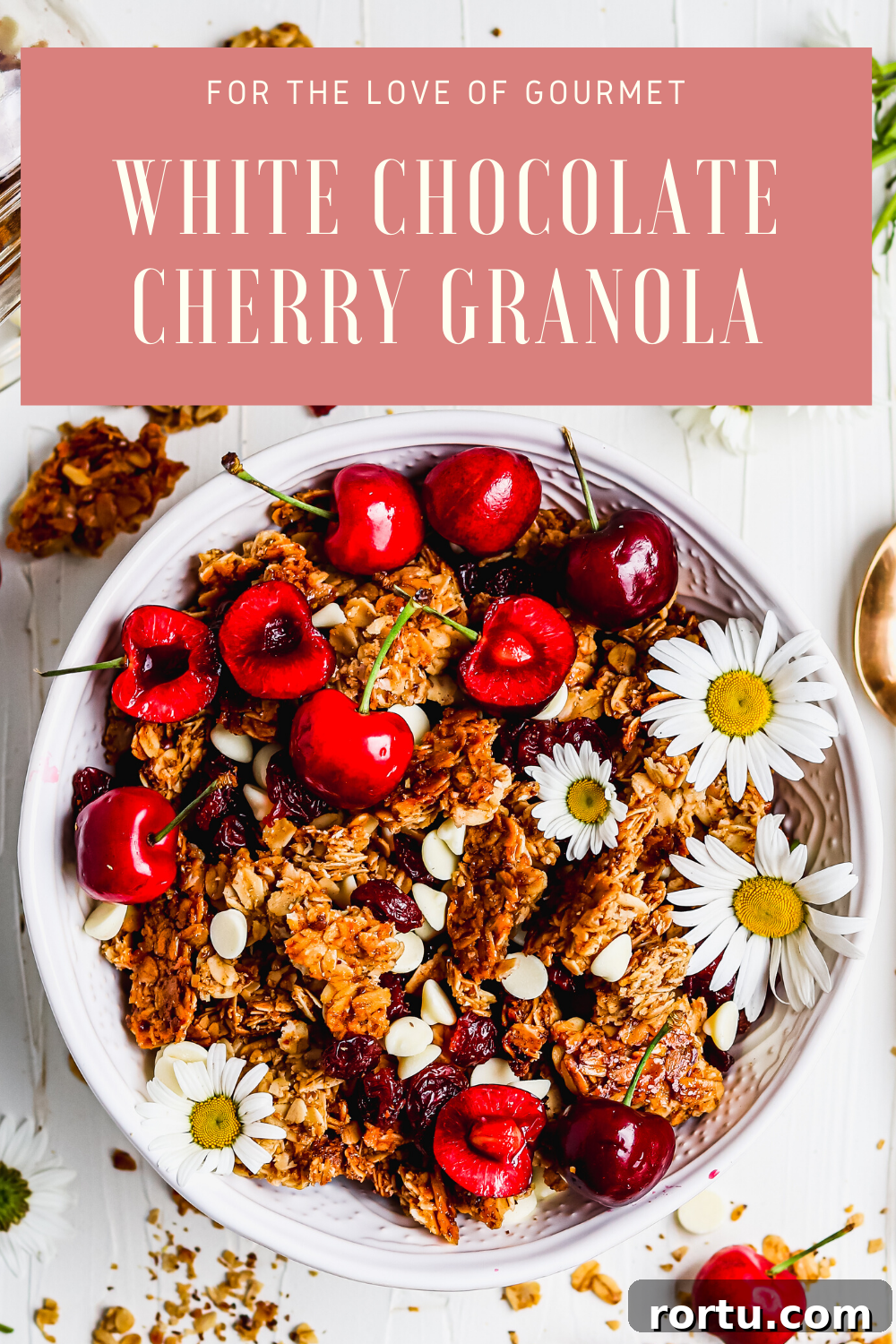 White chocolate cherry granola is your new favorite homemade granola recipe. This easy granola recipe is the perfect healthy breakfast or snack. Serve homemade granola with yogurt or milk. Made with dried cherries and white-chocolate chips, it's gluten-free and naturally-sweetened. #granola #homemadegranola