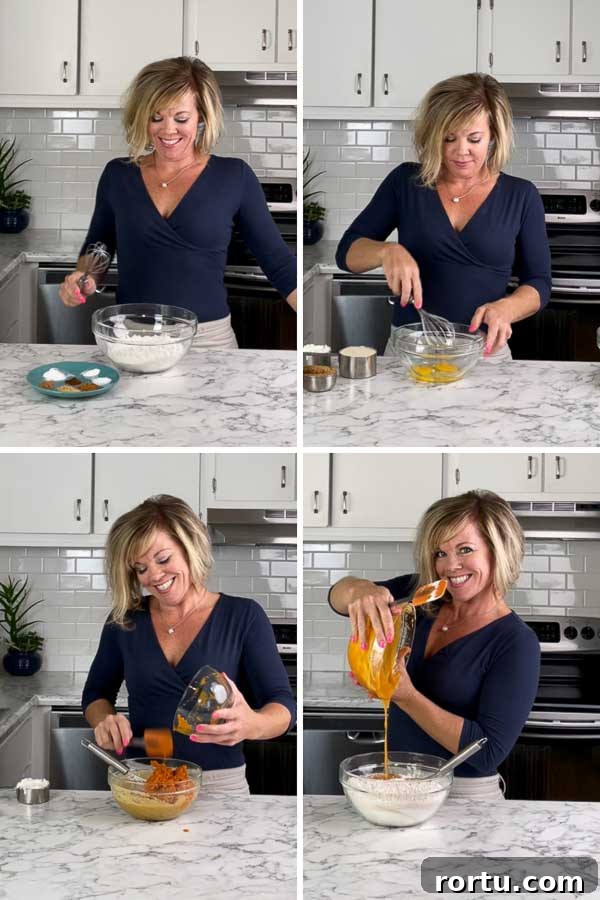 Pumpkin Muffins with Pecan Streusel Recipe 4 4 pictures of Jennifer showing how to make Easy Pumpkin Muffins with Pecan Streusel