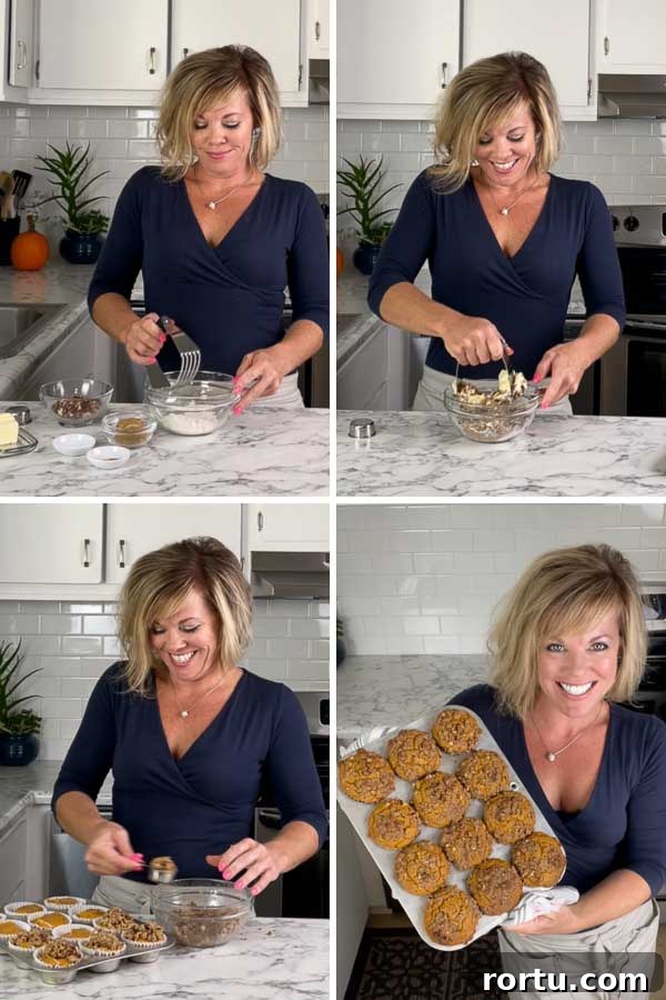 Pumpkin Muffins with Pecan Streusel Recipe 5 4 pictures of Jennifer showing how to make Easy Pumpkin Muffins with Pecan Streusel