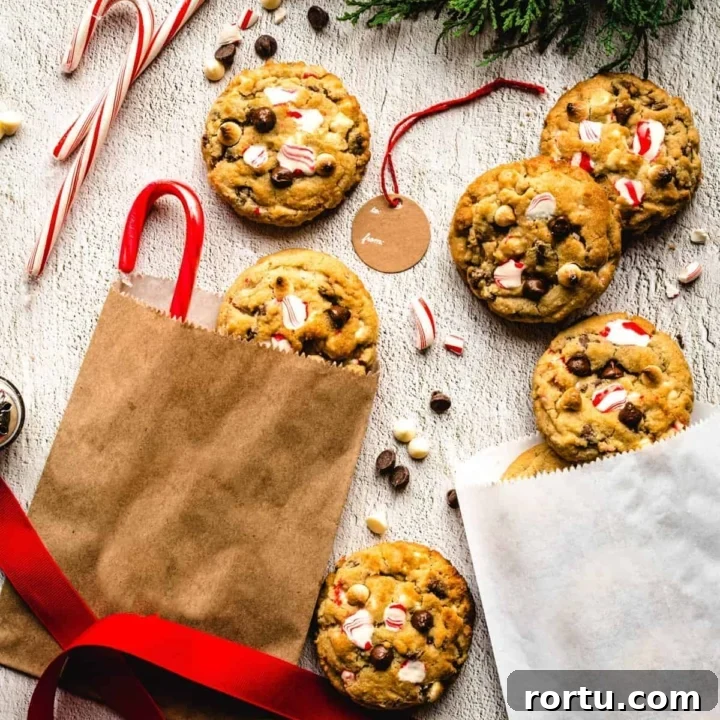 holiday decorations surrounding white chocolate peppermint chocolate chip cookies