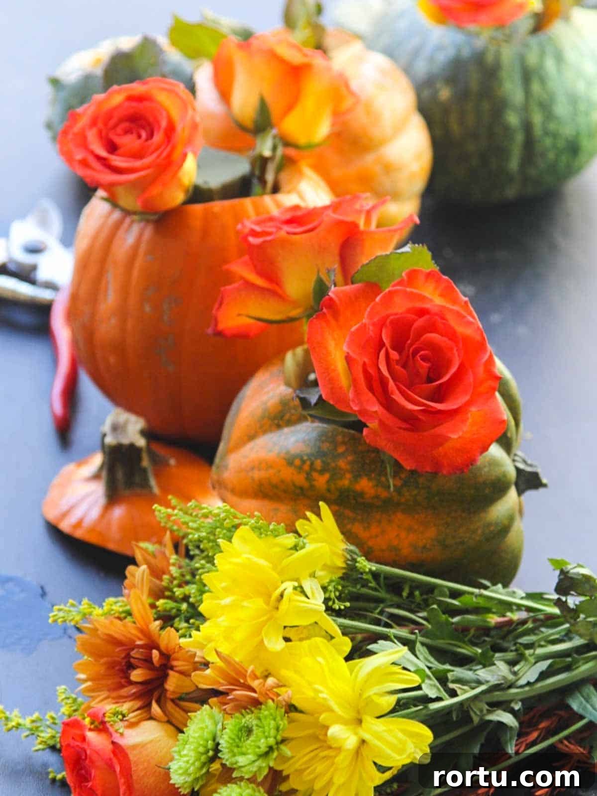 Arranging flowers in pumpkins
