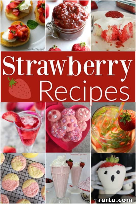 Strawberry Recipes text printed in a collage of strawberry recipes with jam, poke cake, cookies, cocktails, and shakes