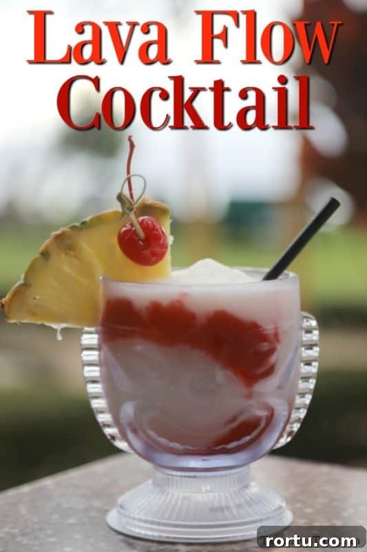Lava Flow Cocktail printed over a tiki glass with a pineapple and cherry