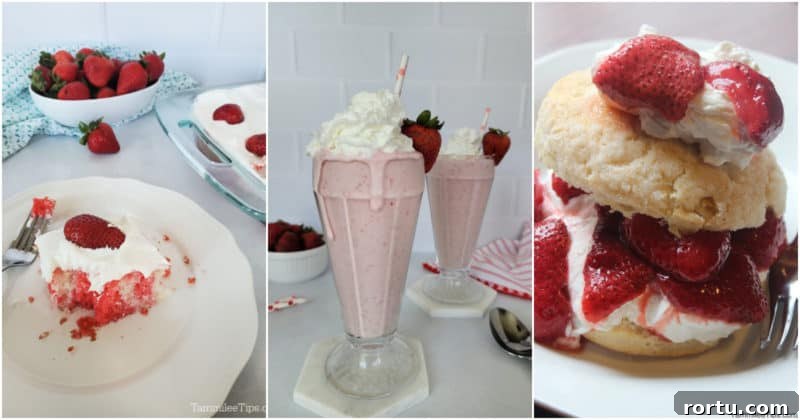 Collage of three strawberry recipe photos