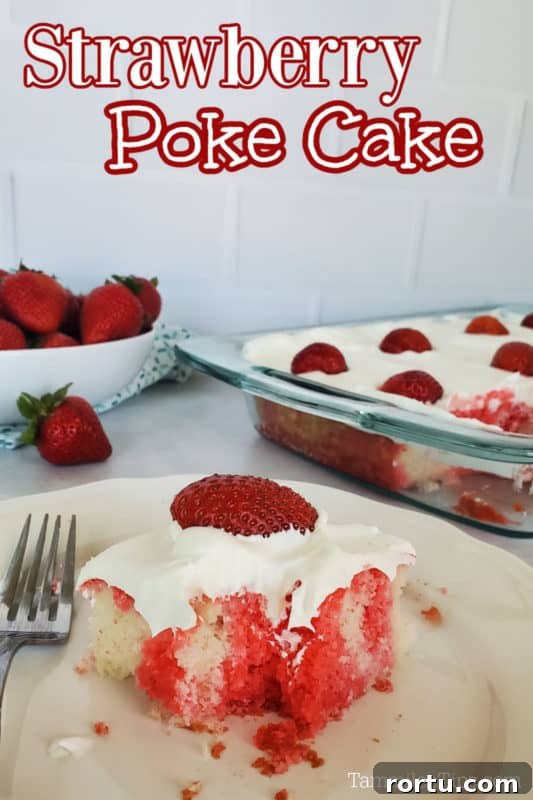 Strawberry Poke Cake text printed over a slice of strawberry cake