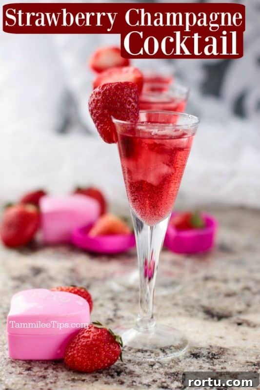 Strawberry Champagne Cocktail text over a champagne glass with red cocktail
