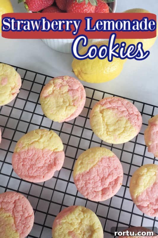 Strawberry Lemonade Cookies text printed over yellow and pink cookies on a wire rack