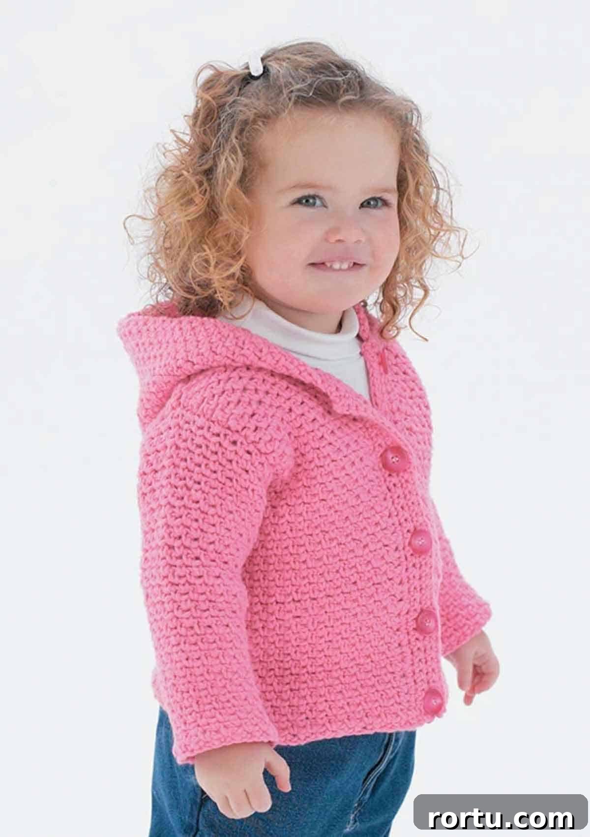 Image shows a girl wearing a pink button up hoodie crochet sweater. Skip To My Lou