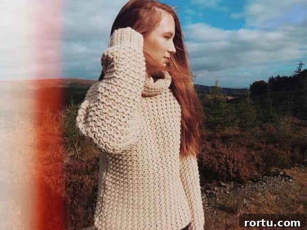 Image shows a chunky cowl sweater on woman. -Skip To My Lou