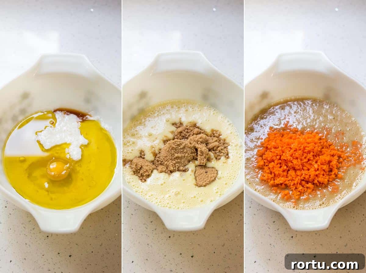 Mixing together wet ingredients for carrot cake batter.